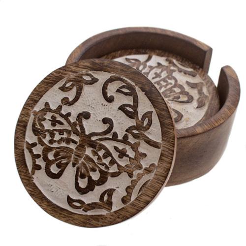 Set of 4 coasters in holder, wood, butterfly design