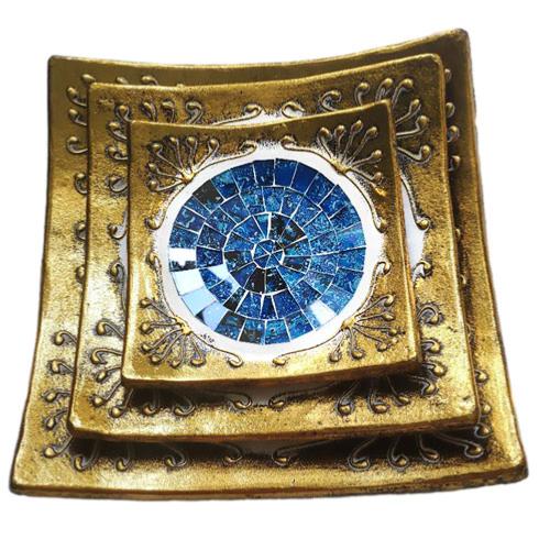 Set of 3 gold coloured plates, blue mosaic