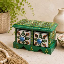 Mini Chest Mango Wood Green 2 Ceramic Drawers 16x10x10cm