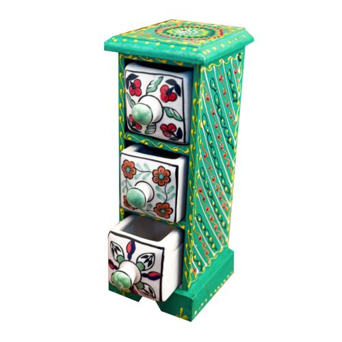 Mini Chest Mango Wood Green 3 Ceramic Drawers Vertical 10x10x25cm