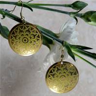 Earrings brass discs with yellow inlay