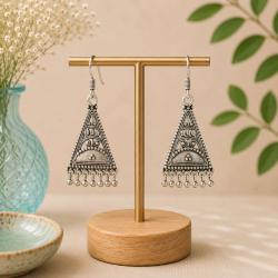 Earrings folk style silver colour triangle hanging beads
