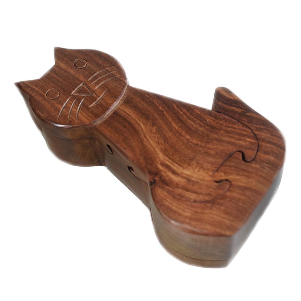 Cat shaped puzzle box, sheesham wood 17cm