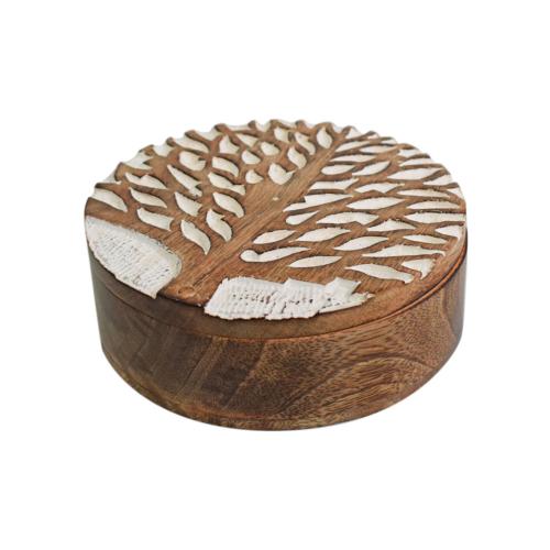 Spice or trinket box, Mango wood hand carved, Tree of life design 16.5cm diameter