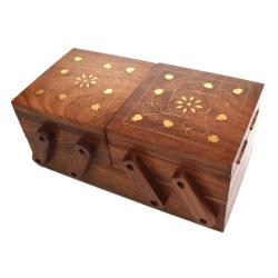 Jewellery box Sheesham wood sliding, inlaid brass floral design 20 x 9 x 10cm