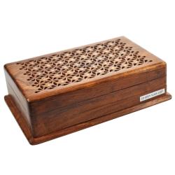 Secret Lock Box Hand Carved Sheesham Wood with Brass Inlay Dots 21x14x6cm