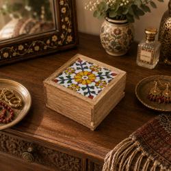 Secret Lock Box Mango Wood with Tile - Floral on White
