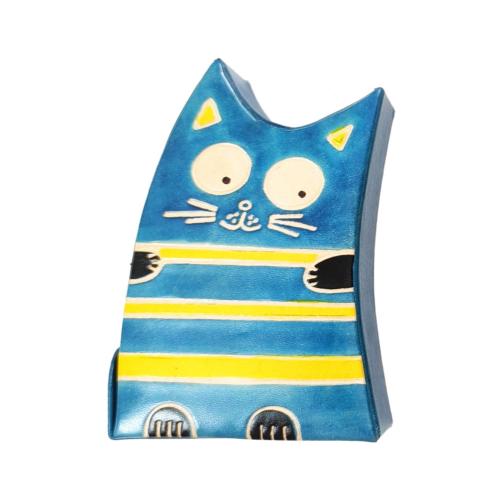 Leather Moneybox Leaning Cat Blue 10 x 3.5 x 13.5cm