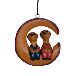Hanging moon with meerkats hand carved Albesia wood, 10 x 10cm