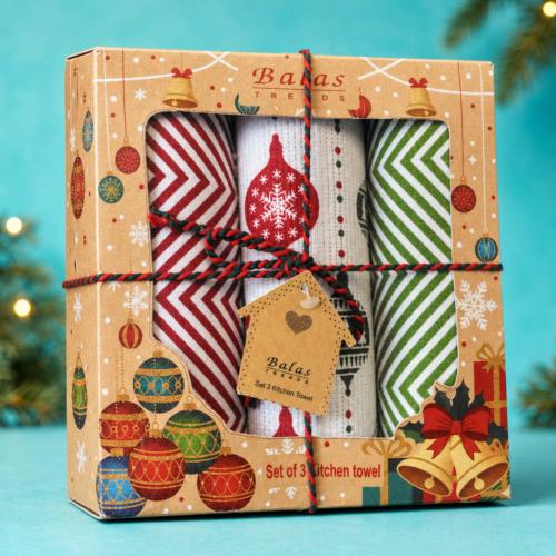 3 Christmas Tea Towels Gift Set Bauble Recycled Cotton