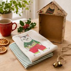 2 Christmas Tea Towels Cat House Gift Set Recycled Cotton