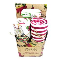 4 Christmas Tea Towels In Carrier Box Recycled Cotton