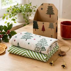 2 Christmas Tea Towels Gift Set Green Recycled Cotton