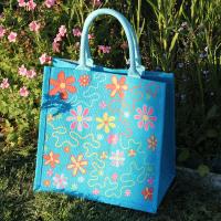 Jute shopping bag, flowers on blue