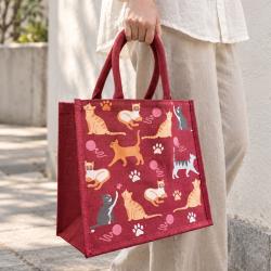 Jute shopping bag, Cats burgundy 30x30cm