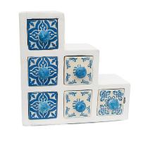 Wooden mini chest blue & white, 6 ceramic drawers