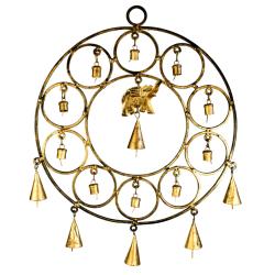 Chime, circle with elephant & bells, recycled brass, 29cm diameter