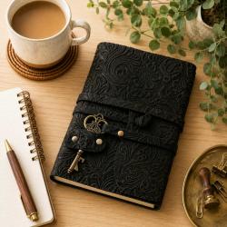 Notebook with Key Leather Floral Embossed Black 13 x 18cm