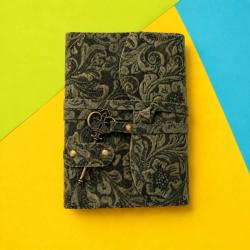 Notebook with Key Leather Floral Embossed Green 13 x 18cm