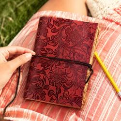 Notebook Leather Bound Floral Red 13 x 18cm