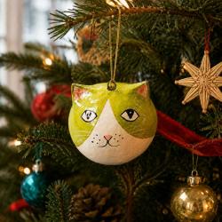Cat Hanging Decoration Papier Mâché Green 5cm