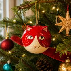 Cat Hanging Decoration Papier Mâché Red 5cm