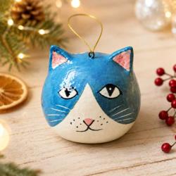Cat Hanging Decoration Papier Mâché Blue 5cm