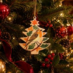 Hanging Tree Shape Decoration Papier Mâché Robin Design 10cm