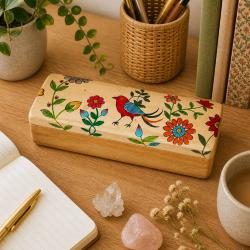 Pen Pencil Trinket Box Handpainted Wood Floral Bird 20x6x6cm