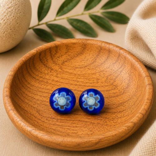 Ear studs, glass beads blue and white, round 1cm diameter