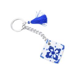 Ceramic Keyring with Blue Flower Square