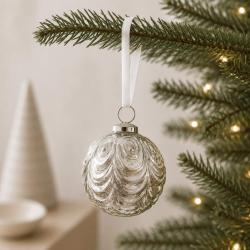 Glass Bauble Round Petal Pattern 7.5cm Silver Colour
