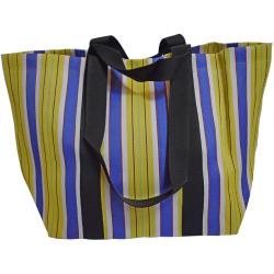 Beach/shopping bag recycled plastic cement bags, purple yellow stripes 56x36x22cm