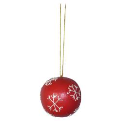 Hanging Christmas Bauble, Albesia Wood Red With Snowflakes 6cm