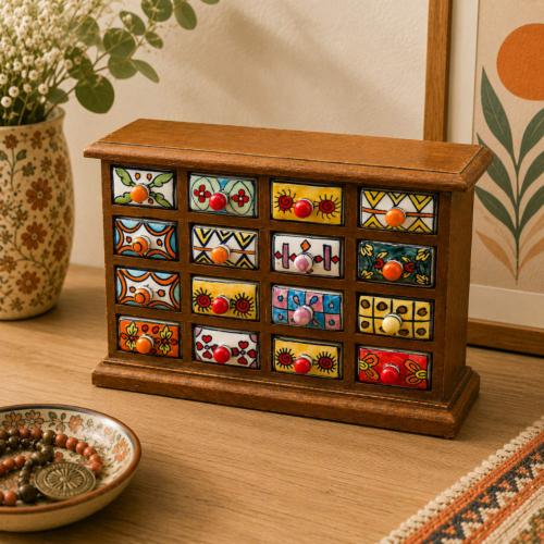 Mini Chest Mango Wood 16 Ceramic Drawers 23x7x17cm