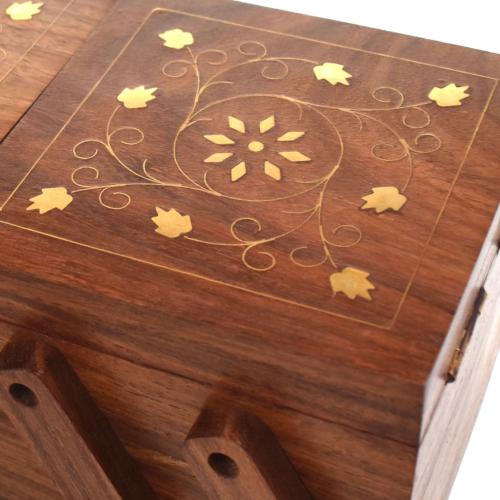 Jewellery box Sheesham wood sliding, inlaid brass floral design 20 x 9
