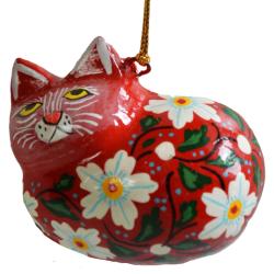 Hanging cat decoration, flowers on red, papier maché