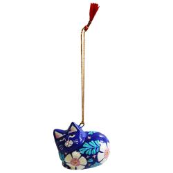 Hanging cat decoration, flowers on dark blue, papier maché