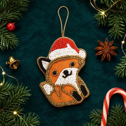 Hanging Christmas Decoration Fox With Santa Hat Beaded 