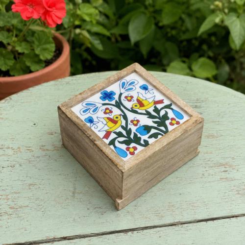 Secret Lock Box Mango Wood with Tile - 2 Birds + Floral