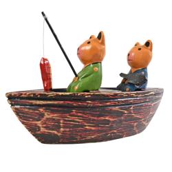  2 bears in a boat hand carved Albesia wood,18 x 10 x 5cm