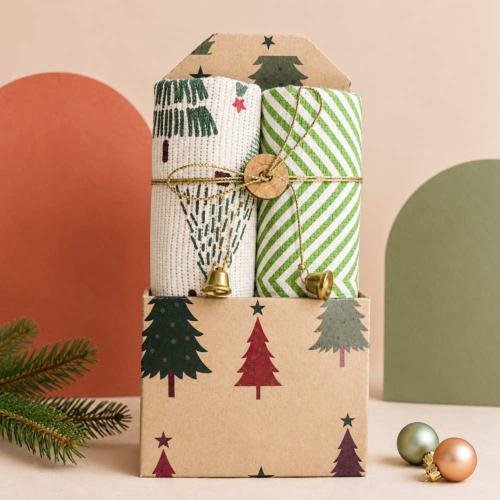 2 Christmas Tea Towels Gift Set Green Recycled Cotton
