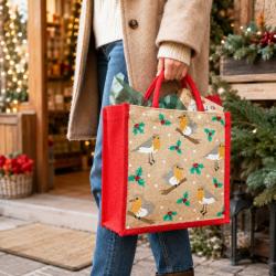 Jute shopper or Christmas gift bag, robins design 30x30cm