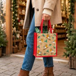 Jute shopper or Christmas gift bag, robins design 25x25cm