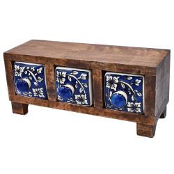 Wooden mini chest with 3  blue & white drawers 21.5 x 8.75 x 11.5cm