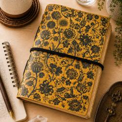 Notebook Leather Bound Floral Yellow 13 x 18cm