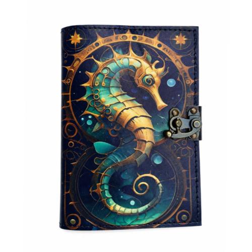 Notebook with Clasp Leather Bound Seahorse 13 x 18cm