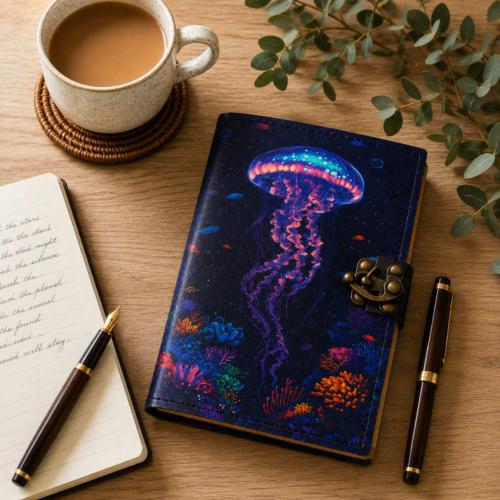 Notebook with Clasp Leather Bound Jellyfish 13 x 18cm