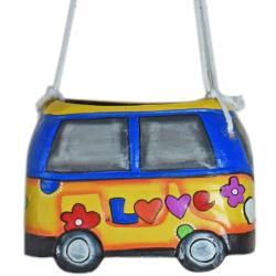 Hanging wooden planter campervan blue yellow love