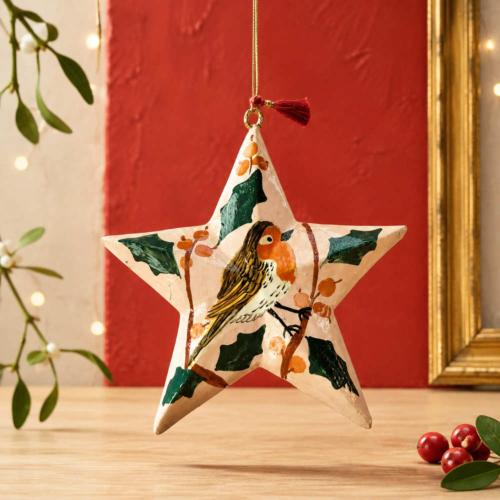 Hanging Star Decoration Papier Mâché Robin Design 10cm